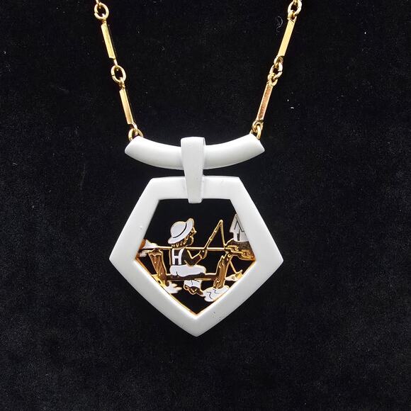 Vintage Fishing Scene Pendant Necklace Gold Tone White Enamel - Picture 2 of 8